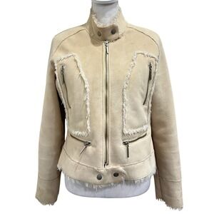 VTG Y2K 00s Bebe Faux Suede Shearling Moto Jacket Tan Biker Full Zip Large Bratz